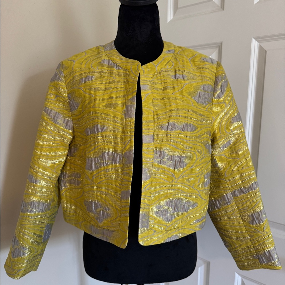 H&M Yellow Cropped w Metallic Threads Patterned Lady Jacket - size Large NWT